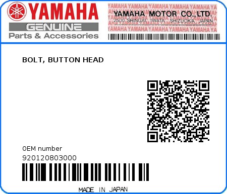 Product image: Yamaha - 920120803000 - BOLT, BUTTON HEAD  0