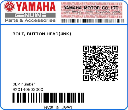 Product image: Yamaha - 920140603000 - BOLT, BUTTON HEAD(4NK)  0