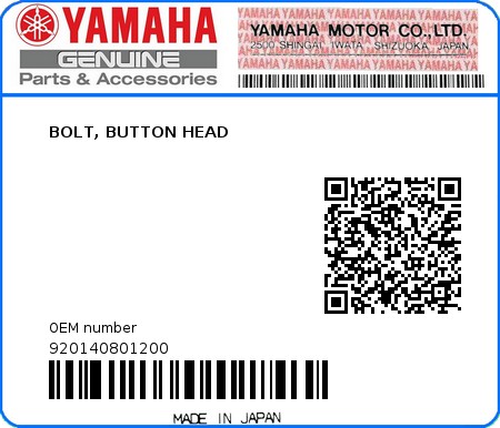 Product image: Yamaha - 920140801200 - BOLT, BUTTON HEAD  0