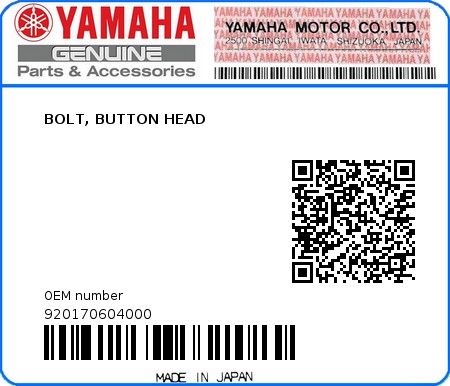 Product image: Yamaha - 920170604000 - BOLT, BUTTON HEAD  0