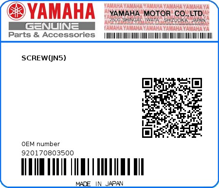Product image: Yamaha - 920170803500 - SCREW(JN5)  0