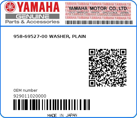 Product image: Yamaha - 929011020000 - 958-69527-00 WASHER, PLAIN  0