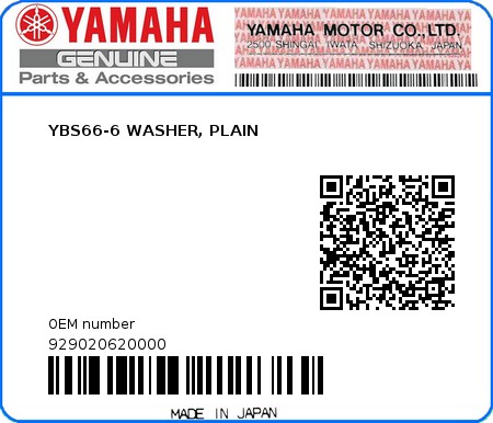 Product image: Yamaha - 929020620000 - YBS66-6 WASHER, PLAIN  0