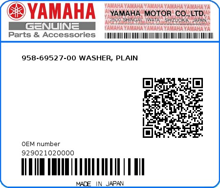 Product image: Yamaha - 929021020000 - 958-69527-00 WASHER, PLAIN  0