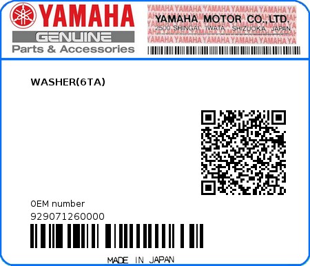Product image: Yamaha - 929071260000 - WASHER(6TA)  0