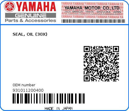 Product image: Yamaha - 931011200400 - SEAL, OIL (30X)  0