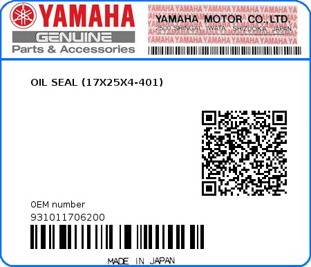 Product image: Yamaha - 931011706200 - OIL SEAL (17X25X4-401)  0