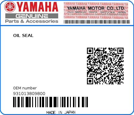 Product image: Yamaha - 931013809800 - OIL SEAL  0