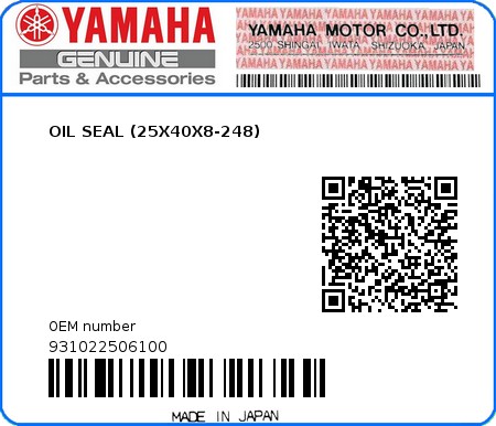Product image: Yamaha - 931022506100 - OIL SEAL (25X40X8-248)  0