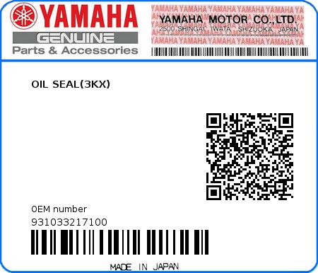 Product image: Yamaha - 931033217100 - OIL SEAL(3KX)  0