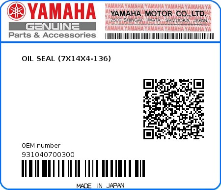 Product image: Yamaha - 931040700300 - OIL SEAL (7X14X4-136)  0