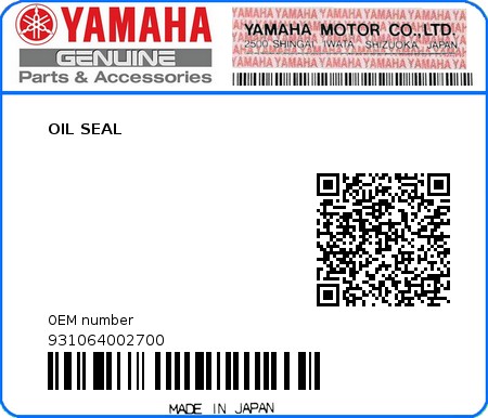 Product image: Yamaha - 931064002700 - OIL SEAL   0