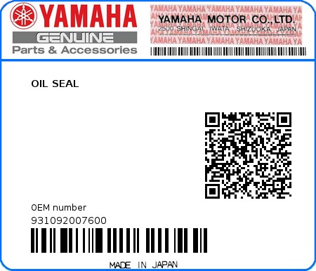 Product image: Yamaha - 931092007600 - OIL SEAL  0