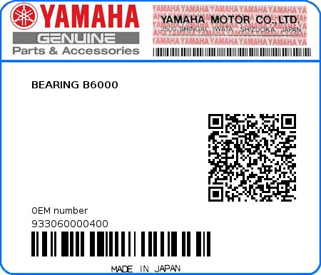 Product image: Yamaha - 933060000400 - BEARING B6000   0