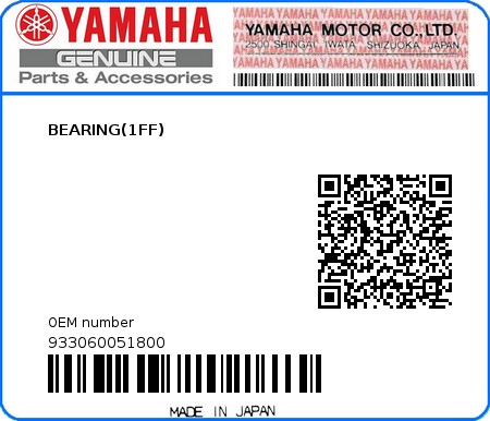 Product image: Yamaha - 933060051800 - BEARING(1FF)  0