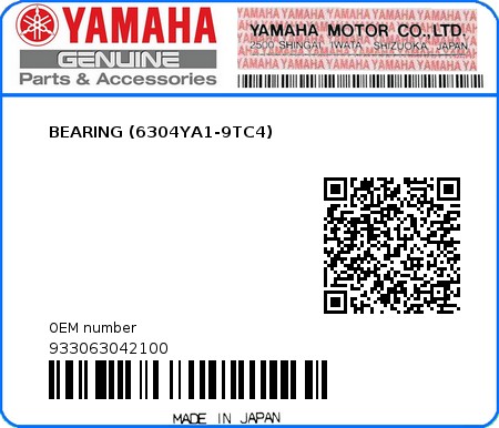 Product image: Yamaha - 933063042100 - BEARING (6304YA1-9TC4)  0