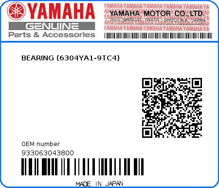 Product image: Yamaha - 933063043800 - BEARING (6304YA1-9TC4)  0