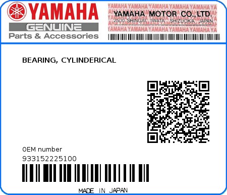Product image: Yamaha - 933152225100 - BEARING, CYLINDERICAL   0