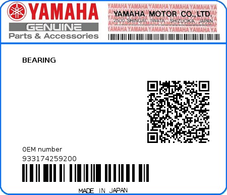 Product image: Yamaha - 933174259200 - BEARING  0