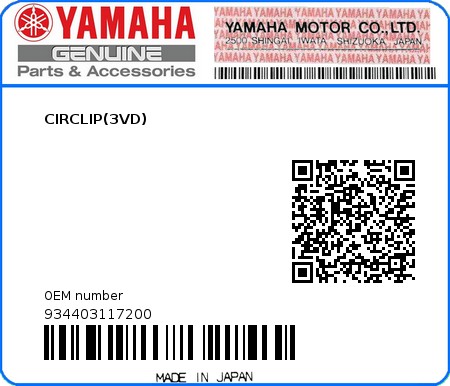 Product image: Yamaha - 934403117200 - CIRCLIP(3VD)  0