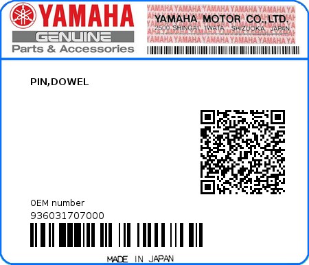 Product image: Yamaha - 936031707000 - PIN,DOWEL  0
