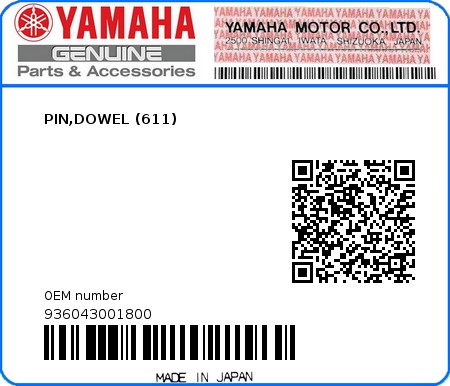 Product image: Yamaha - 936043001800 - PIN,DOWEL (611)  0
