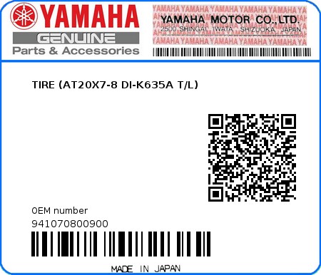 Product image: Yamaha - 941070800900 - TIRE (AT20X7-8 DI-K635A T/L)  0