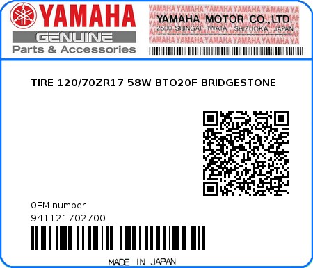 Product image: Yamaha - 941121702700 - TIRE 120/70ZR17 58W BTO20F BRIDGESTONE   0