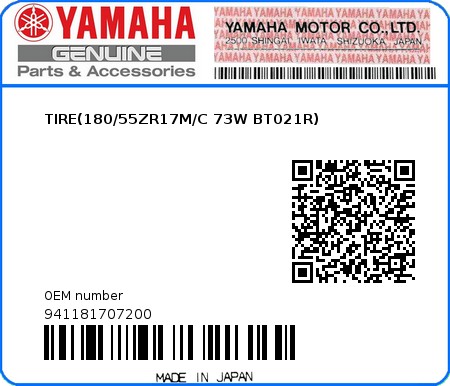 Product image: Yamaha - 941181707200 - TIRE(180/55ZR17M/C 73W BT021R)  0