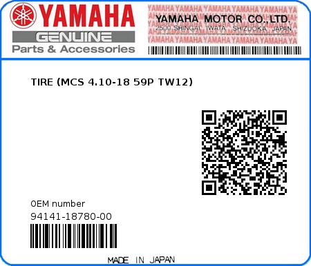 Product image: Yamaha - 94141-18780-00 - TIRE (MCS 4.10-18 59P TW12)  0