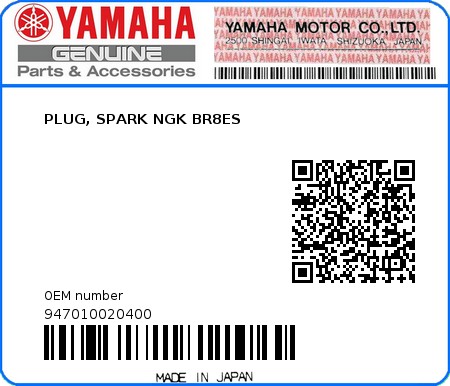 Product image: Yamaha - 947010020400 - PLUG, SPARK NGK BR8ES  0