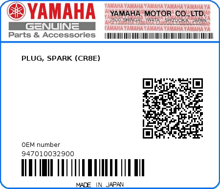 Product image: Yamaha - 947010032900 - PLUG, SPARK (CR8E)  0