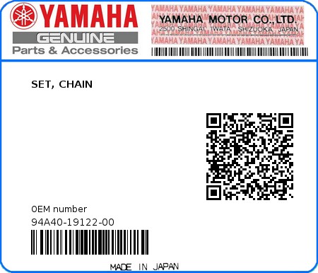Product image: Yamaha - 94A40-19122-00 - SET, CHAIN  0