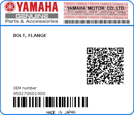 Product image: Yamaha - 950270601400 - BOLT, FLANGE  0