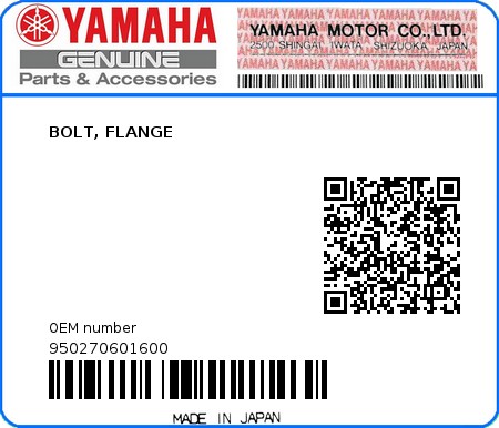 Product image: Yamaha - 950270601600 - BOLT, FLANGE  0