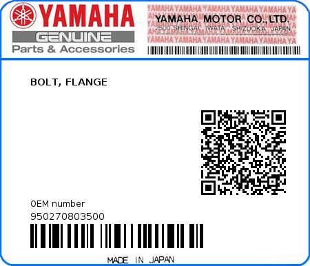 Product image: Yamaha - 950270803500 - BOLT, FLANGE   0