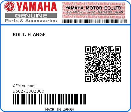 Product image: Yamaha - 950271002000 - BOLT, FLANGE   0