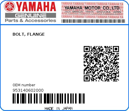 Product image: Yamaha - 953140602000 - BOLT, FLANGE   0