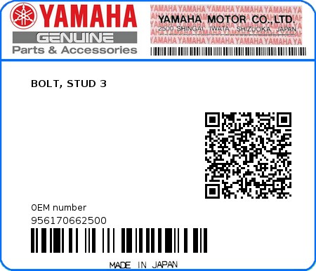 Product image: Yamaha - 956170662500 - BOLT, STUD 3  0