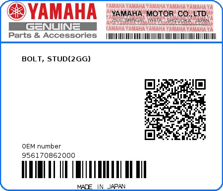 Product image: Yamaha - 956170862000 - BOLT, STUD(2GG)  0
