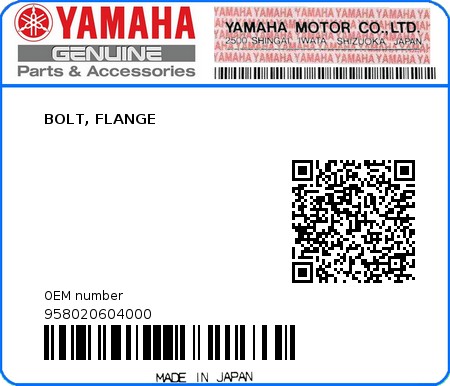 Product image: Yamaha - 958020604000 - BOLT, FLANGE  0