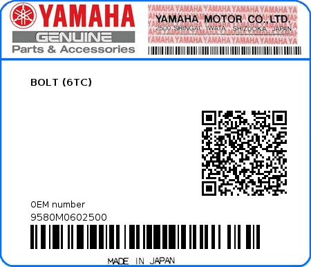 Product image: Yamaha - 9580M0602500 - BOLT (6TC)  0