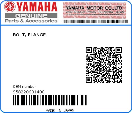 Product image: Yamaha - 958220601400 - BOLT, FLANGE  0