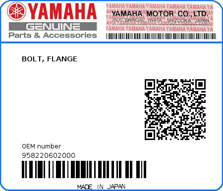 Product image: Yamaha - 958220602000 - BOLT, FLANGE  0