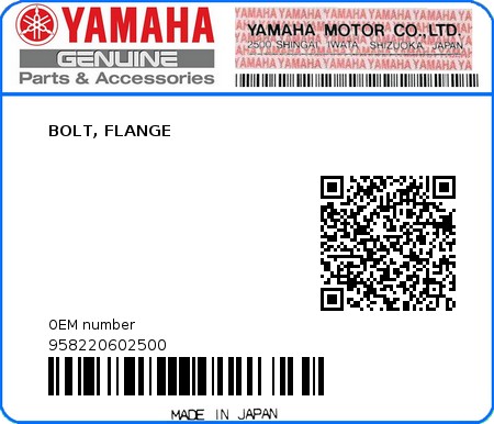 Product image: Yamaha - 958220602500 - BOLT, FLANGE  0