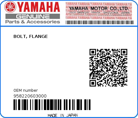 Product image: Yamaha - 958220603000 - BOLT, FLANGE  0
