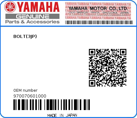 Product image: Yamaha - 970070601000 - BOLT(3JP)  0