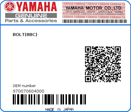 Product image: Yamaha - 970070604000 - BOLT(8BC)  0
