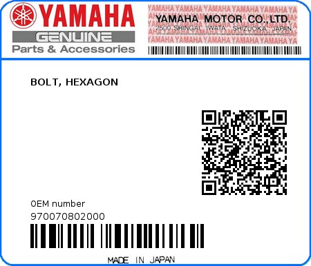Product image: Yamaha - 970070802000 - BOLT, HEXAGON  0