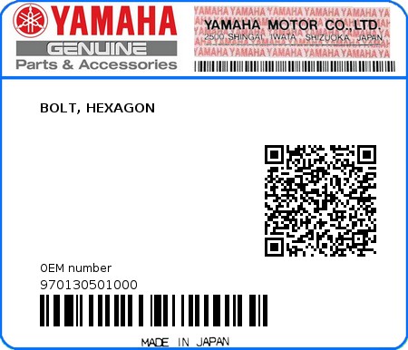 Product image: Yamaha - 970130501000 - BOLT, HEXAGON  0